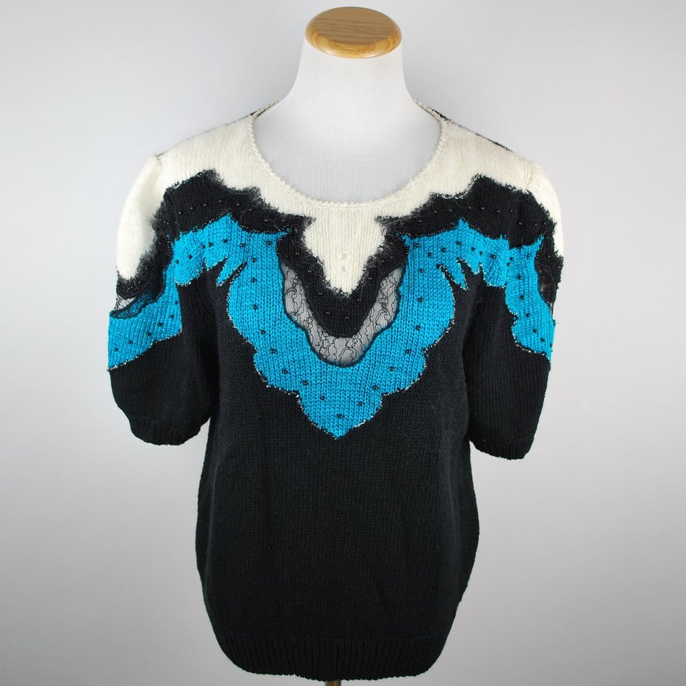 Vintage 80s Lara Ferrante Short Sleeve Angora Trim Sweater M - Picture 3 of 10